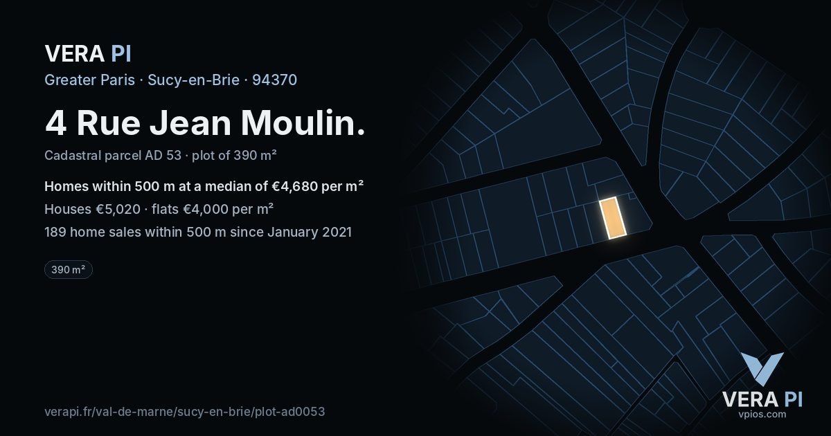 4 Rue Jean Moulin, Sucy-en-Brie at night – the plot lit, the parcels around coloured by the prices near them