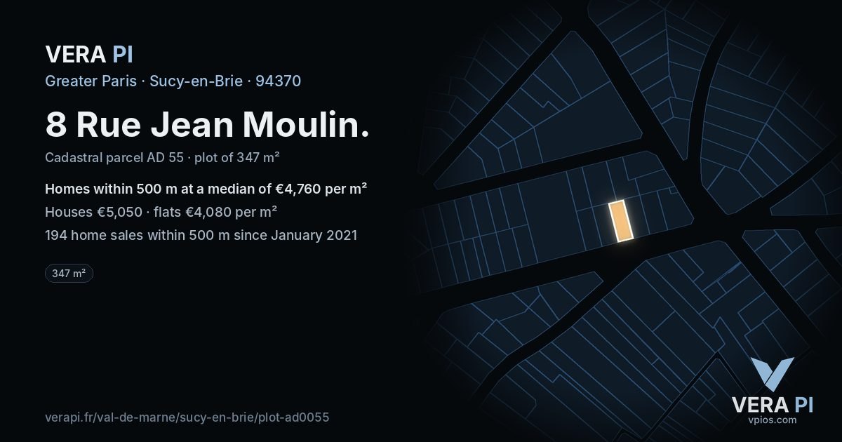 8 Rue Jean Moulin, Sucy-en-Brie at night – the plot lit, the parcels around coloured by the prices near them