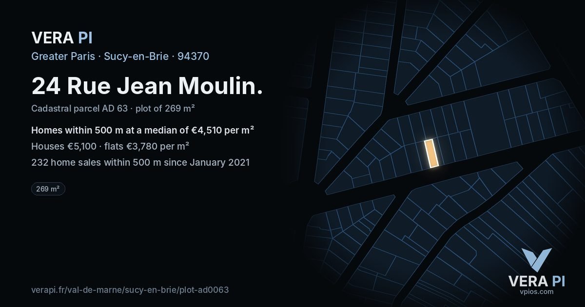 24 Rue Jean Moulin, Sucy-en-Brie at night – the plot lit, the parcels around coloured by the prices near them