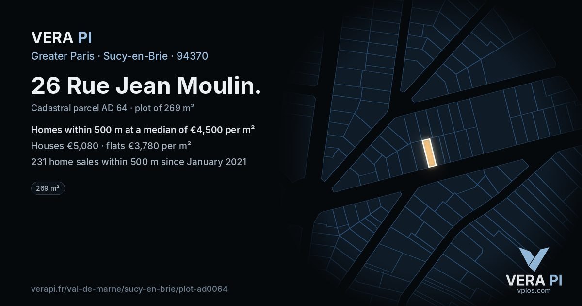 26 Rue Jean Moulin, Sucy-en-Brie at night – the plot lit, the parcels around coloured by the prices near them