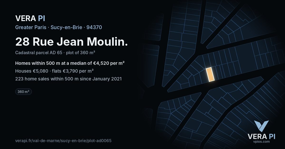 28 Rue Jean Moulin, Sucy-en-Brie at night – the plot lit, the parcels around coloured by the prices near them