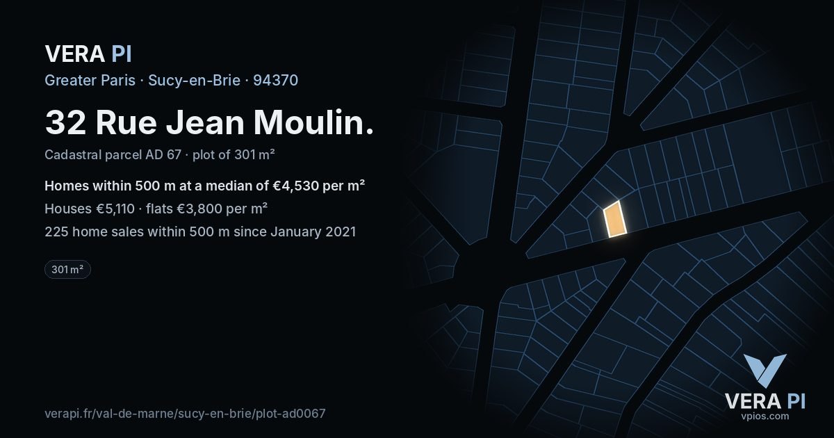 32 Rue Jean Moulin, Sucy-en-Brie at night – the plot lit, the parcels around coloured by the prices near them