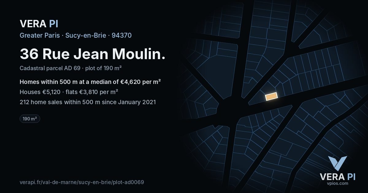 36 Rue Jean Moulin, Sucy-en-Brie at night – the plot lit, the parcels around coloured by the prices near them