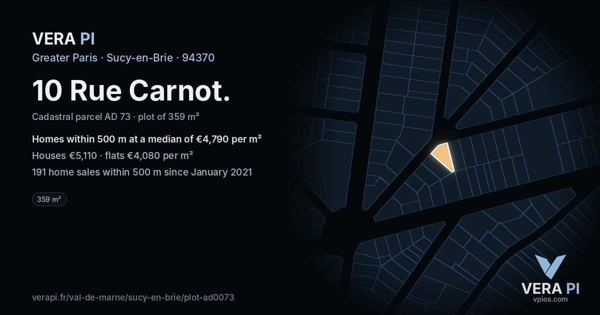 10 Rue Carnot, Sucy-en-Brie at night – the plot lit, the parcels around coloured by the prices near them