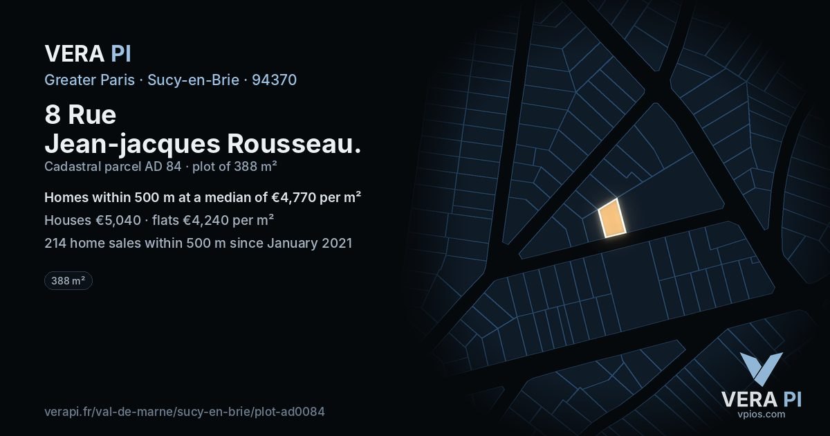 8 Rue Jean-jacques Rousseau, Sucy-en-Brie at night – the plot lit, the parcels around coloured by the prices near them