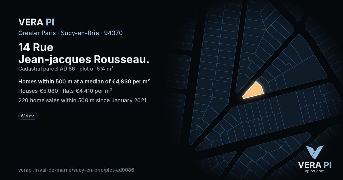 14 Rue Jean-jacques Rousseau, Sucy-en-Brie at night – the plot lit, the parcels around coloured by the prices near them