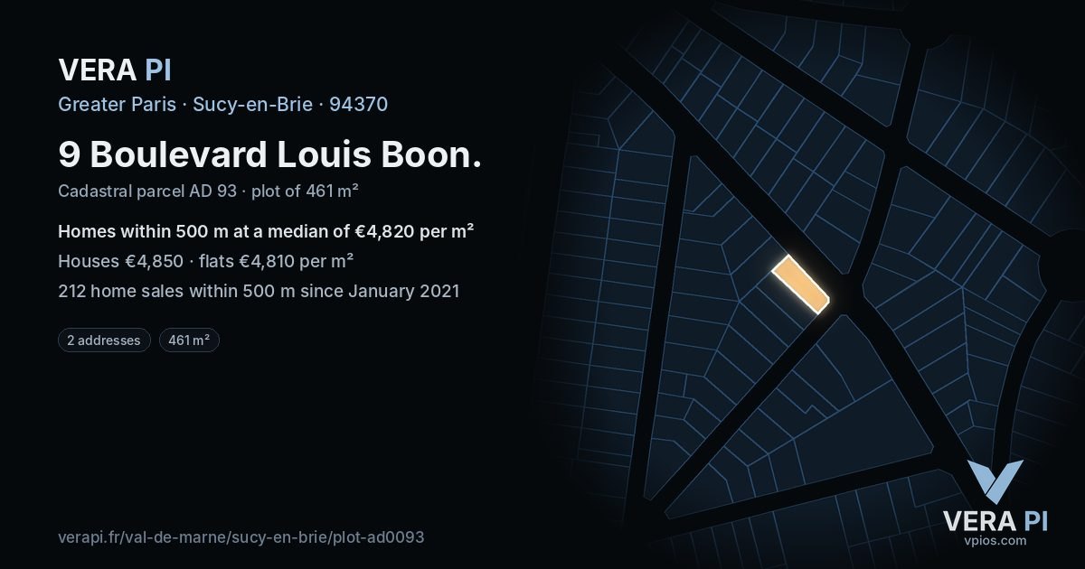9 Boulevard Louis Boon, Sucy-en-Brie at night – the plot lit, the parcels around coloured by the prices near them