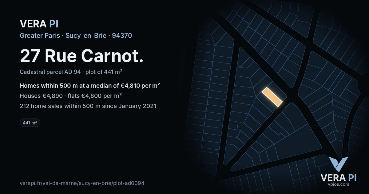 27 Rue Carnot, Sucy-en-Brie at night – the plot lit, the parcels around coloured by the prices near them