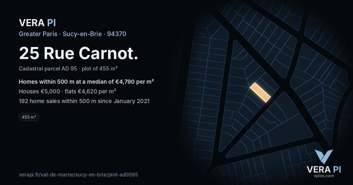 25 Rue Carnot, Sucy-en-Brie at night – the plot lit, the parcels around coloured by the prices near them