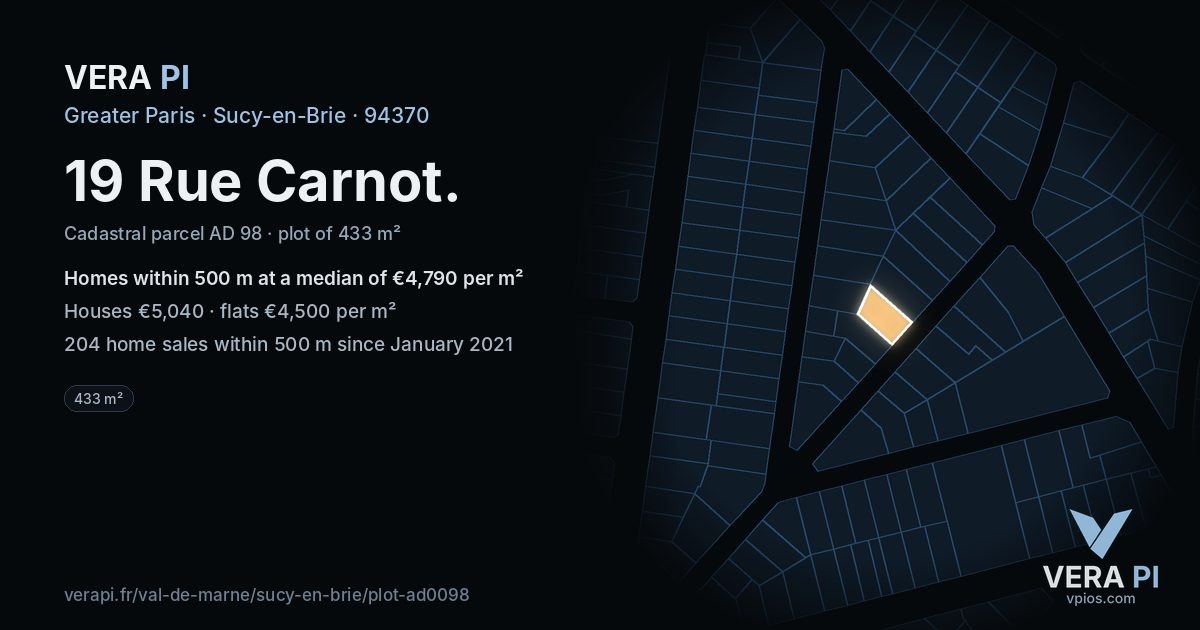 19 Rue Carnot, Sucy-en-Brie at night – the plot lit, the parcels around coloured by the prices near them