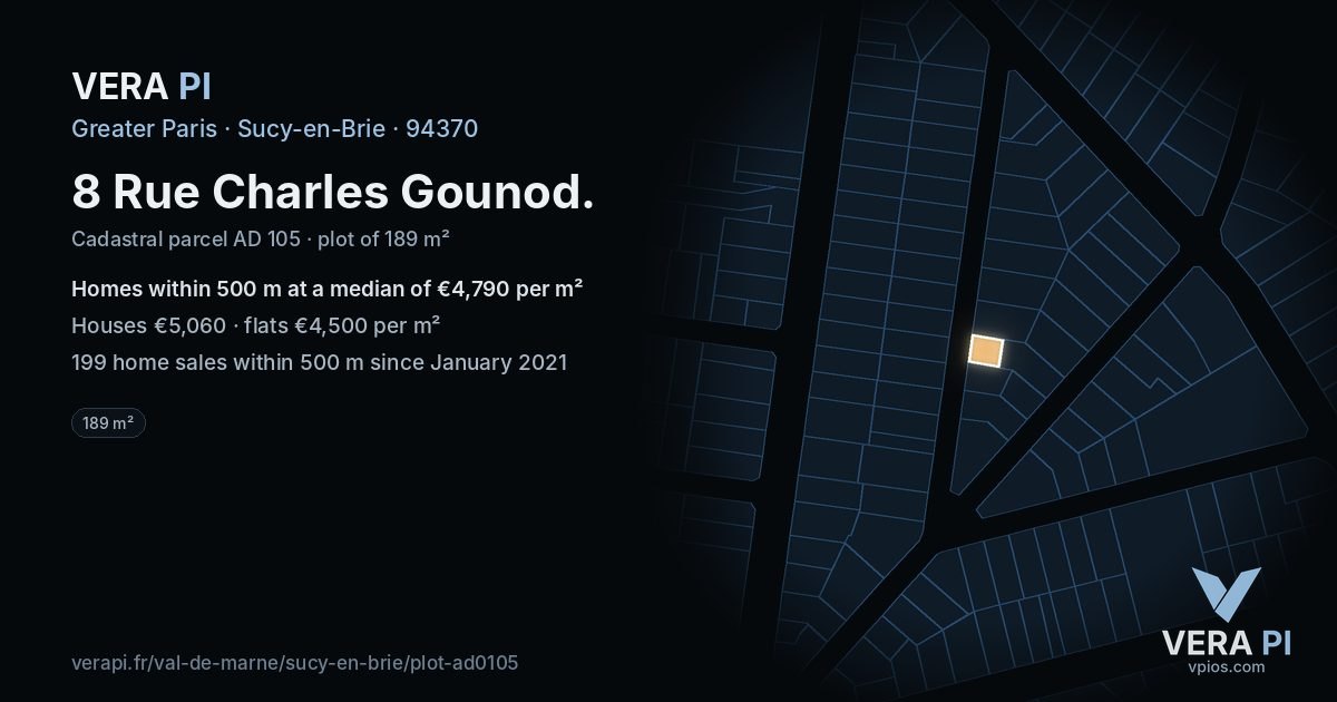 8 Rue Charles Gounod, Sucy-en-Brie at night – the plot lit, the parcels around coloured by the prices near them