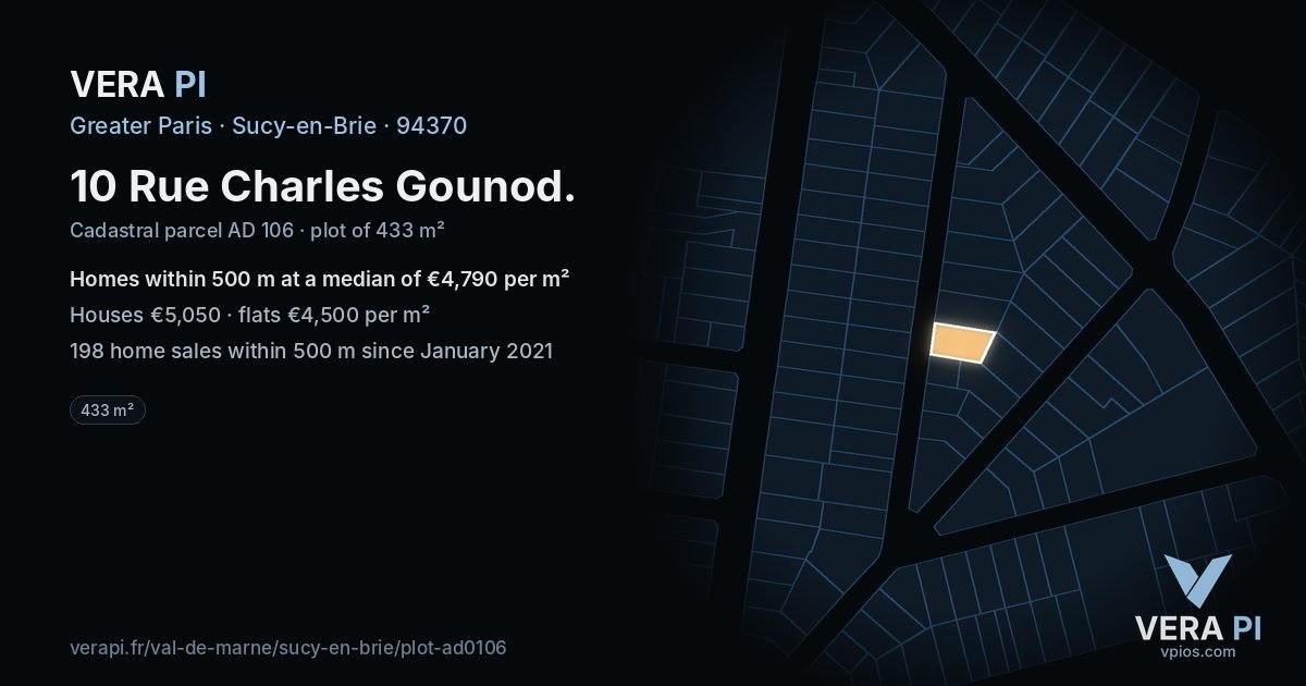 10 Rue Charles Gounod, Sucy-en-Brie at night – the plot lit, the parcels around coloured by the prices near them