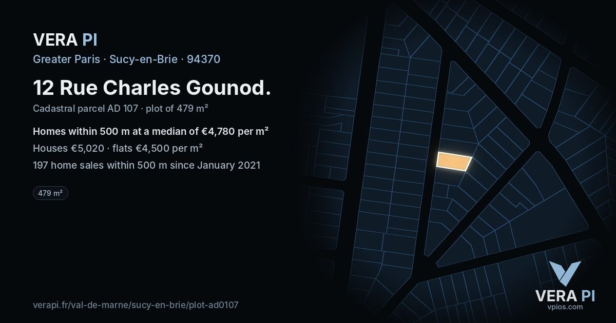 12 Rue Charles Gounod, Sucy-en-Brie at night – the plot lit, the parcels around coloured by the prices near them