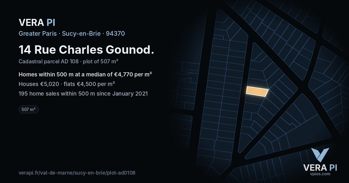 14 Rue Charles Gounod, Sucy-en-Brie at night – the plot lit, the parcels around coloured by the prices near them