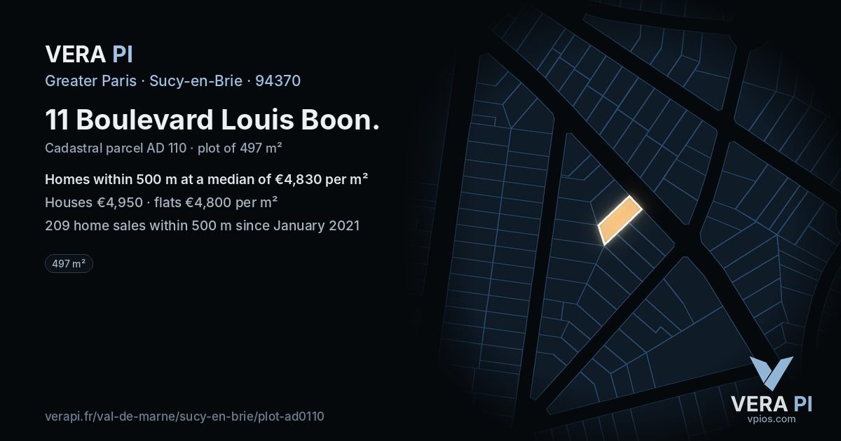 11 Boulevard Louis Boon, Sucy-en-Brie at night – the plot lit, the parcels around coloured by the prices near them