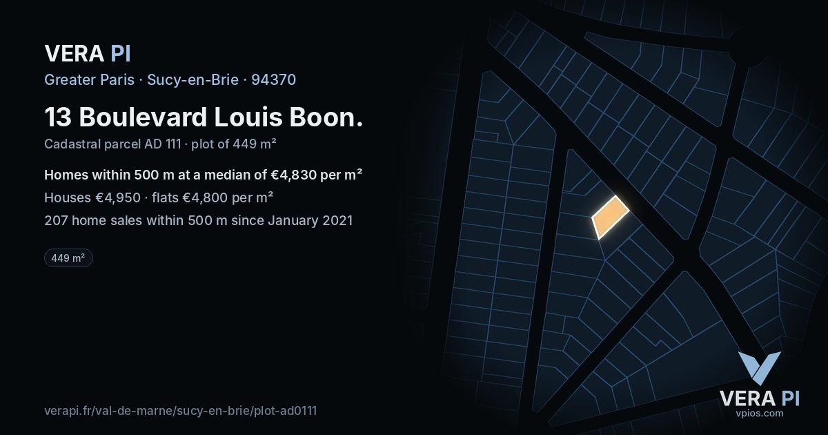 13 Boulevard Louis Boon, Sucy-en-Brie at night – the plot lit, the parcels around coloured by the prices near them