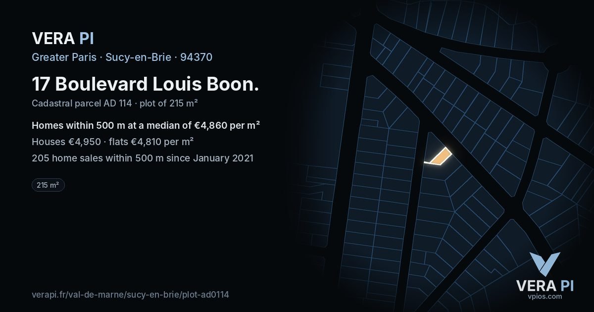 17 Boulevard Louis Boon, Sucy-en-Brie at night – the plot lit, the parcels around coloured by the prices near them