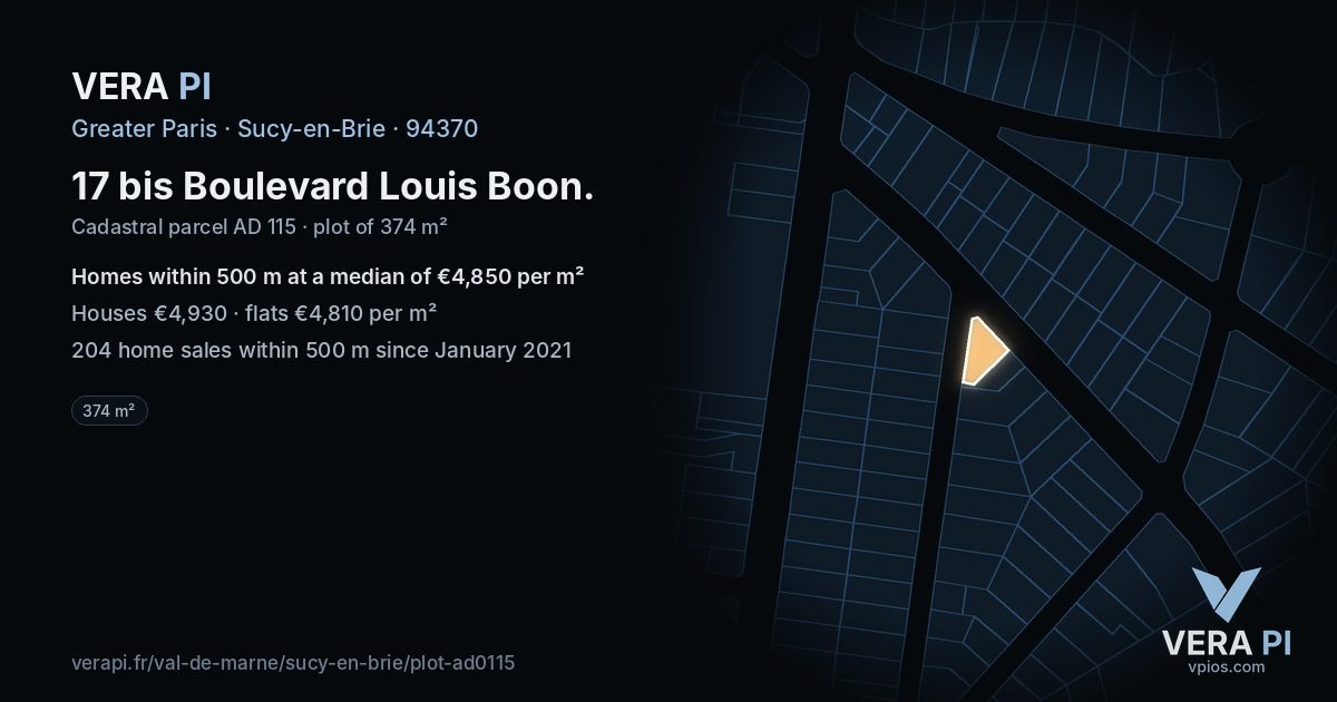 17 bis Boulevard Louis Boon, Sucy-en-Brie at night – the plot lit, the parcels around coloured by the prices near them