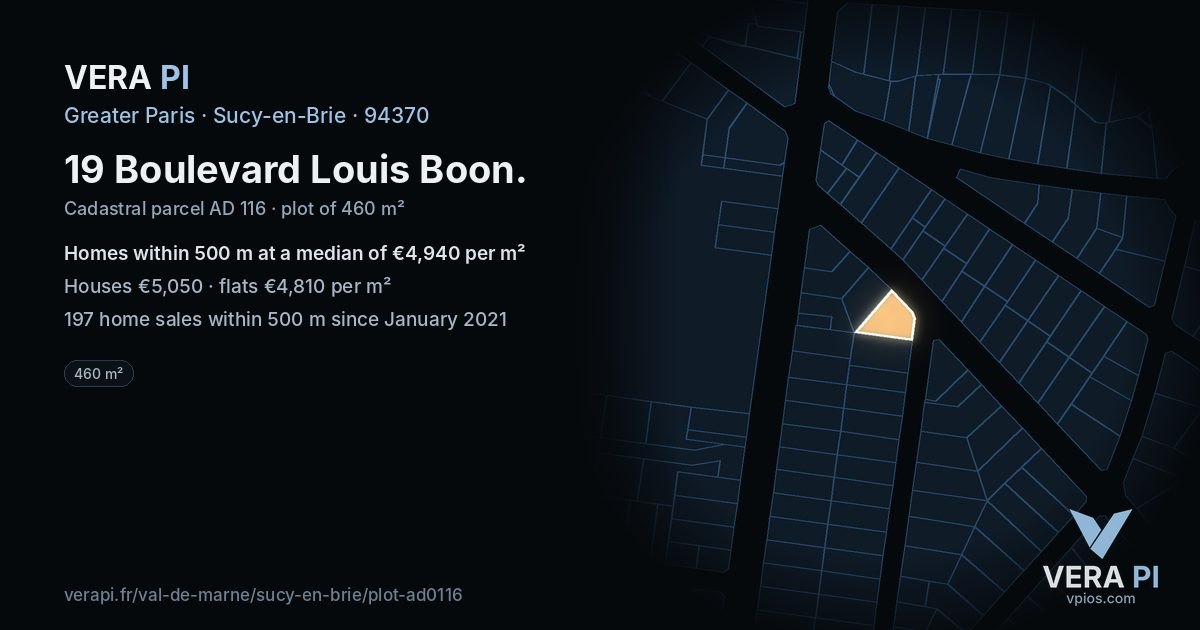 19 Boulevard Louis Boon, Sucy-en-Brie at night – the plot lit, the parcels around coloured by the prices near them
