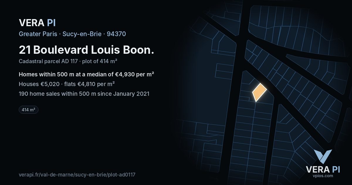 21 Boulevard Louis Boon, Sucy-en-Brie at night – the plot lit, the parcels around coloured by the prices near them