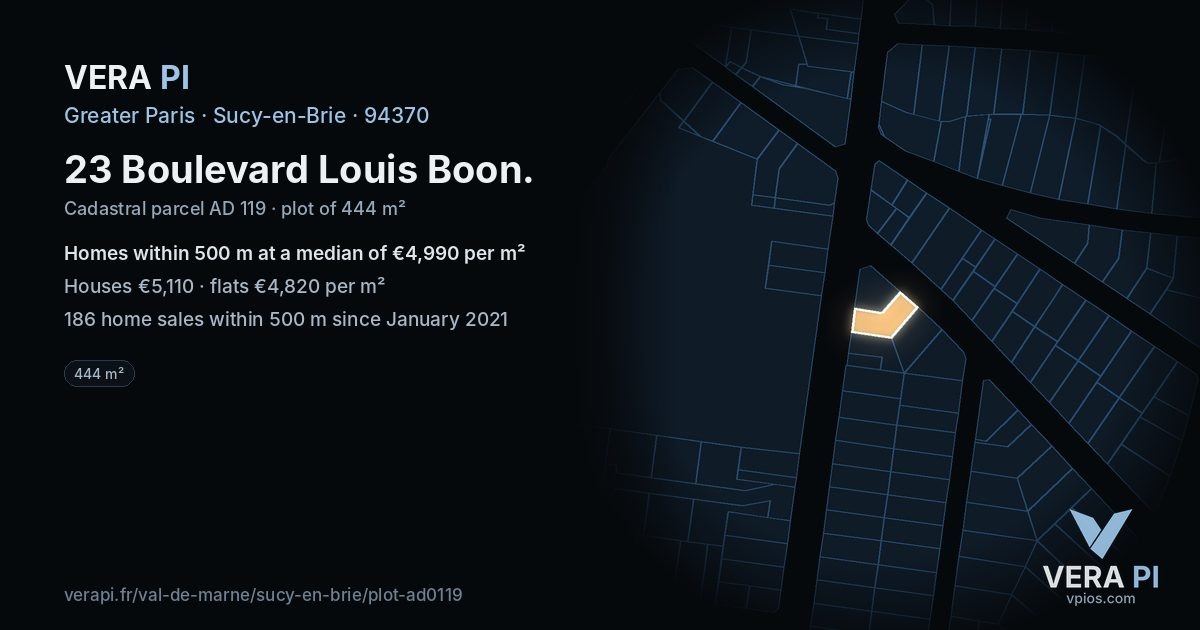 23 Boulevard Louis Boon, Sucy-en-Brie at night – the plot lit, the parcels around coloured by the prices near them