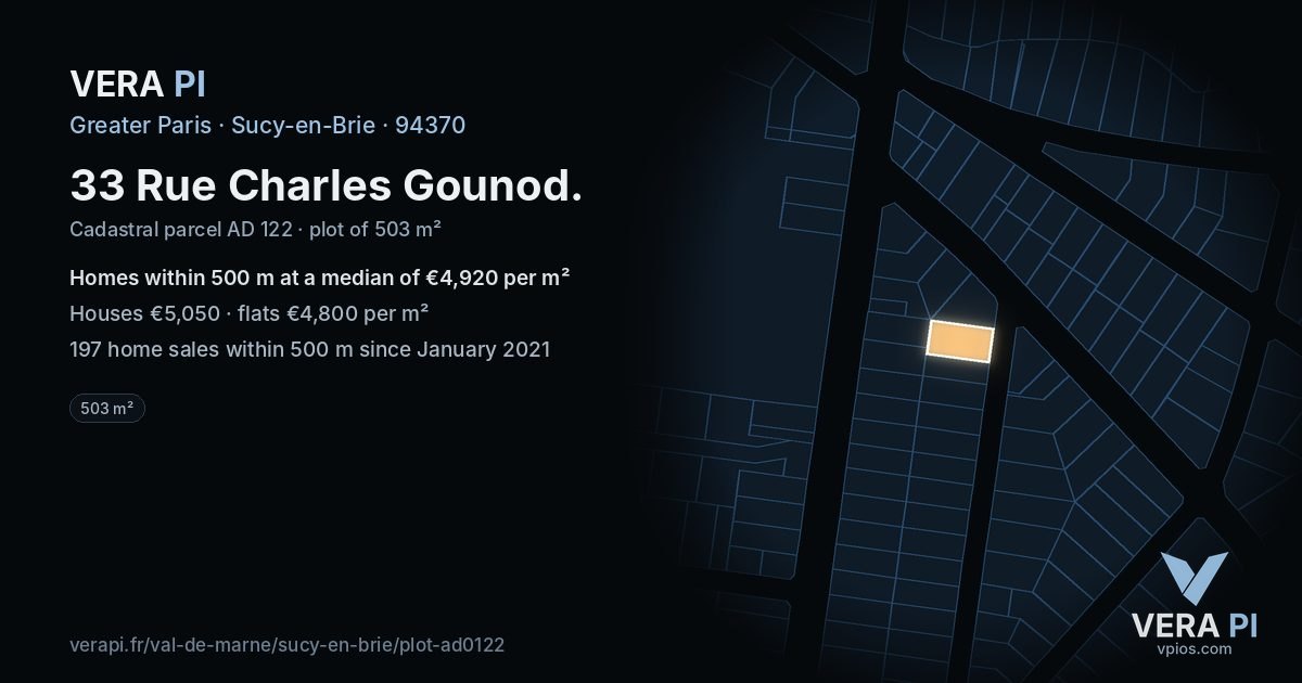 33 Rue Charles Gounod, Sucy-en-Brie at night – the plot lit, the parcels around coloured by the prices near them