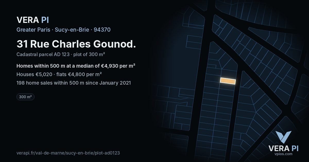 31 Rue Charles Gounod, Sucy-en-Brie at night – the plot lit, the parcels around coloured by the prices near them