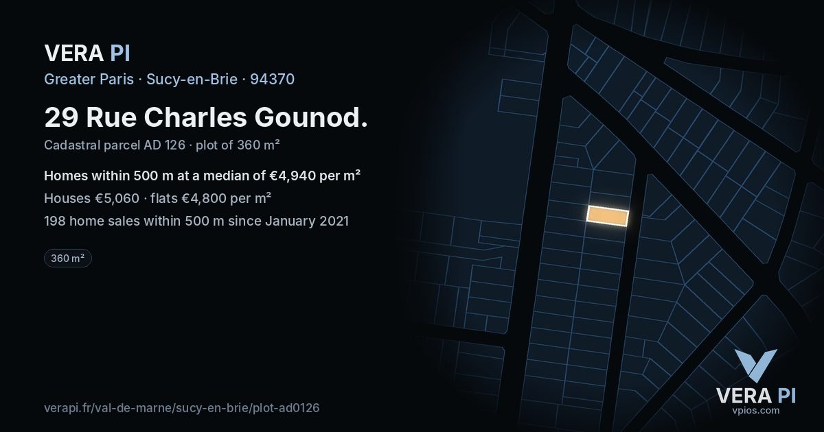 29 Rue Charles Gounod, Sucy-en-Brie at night – the plot lit, the parcels around coloured by the prices near them