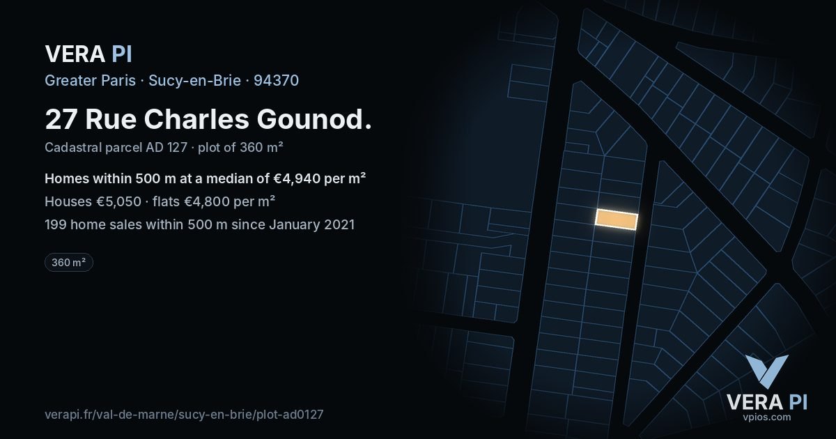 27 Rue Charles Gounod, Sucy-en-Brie at night – the plot lit, the parcels around coloured by the prices near them
