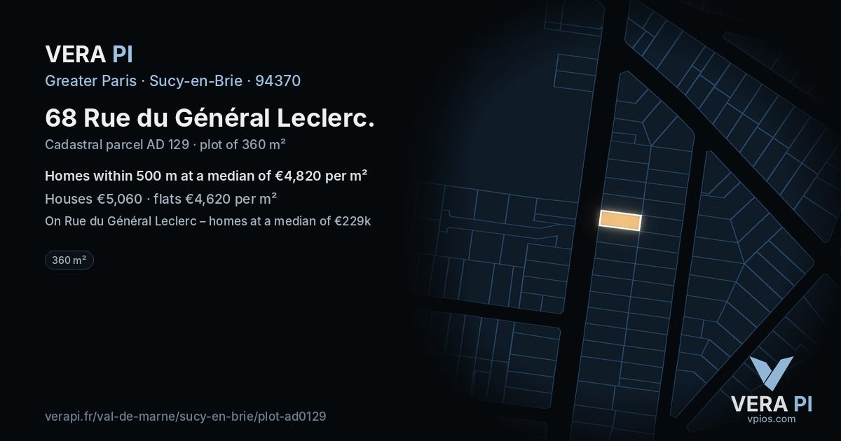 68 Rue du Général Leclerc, Sucy-en-Brie at night – the plot lit, the parcels around coloured by the prices near them