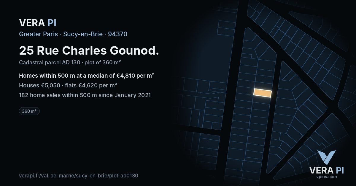 25 Rue Charles Gounod, Sucy-en-Brie at night – the plot lit, the parcels around coloured by the prices near them