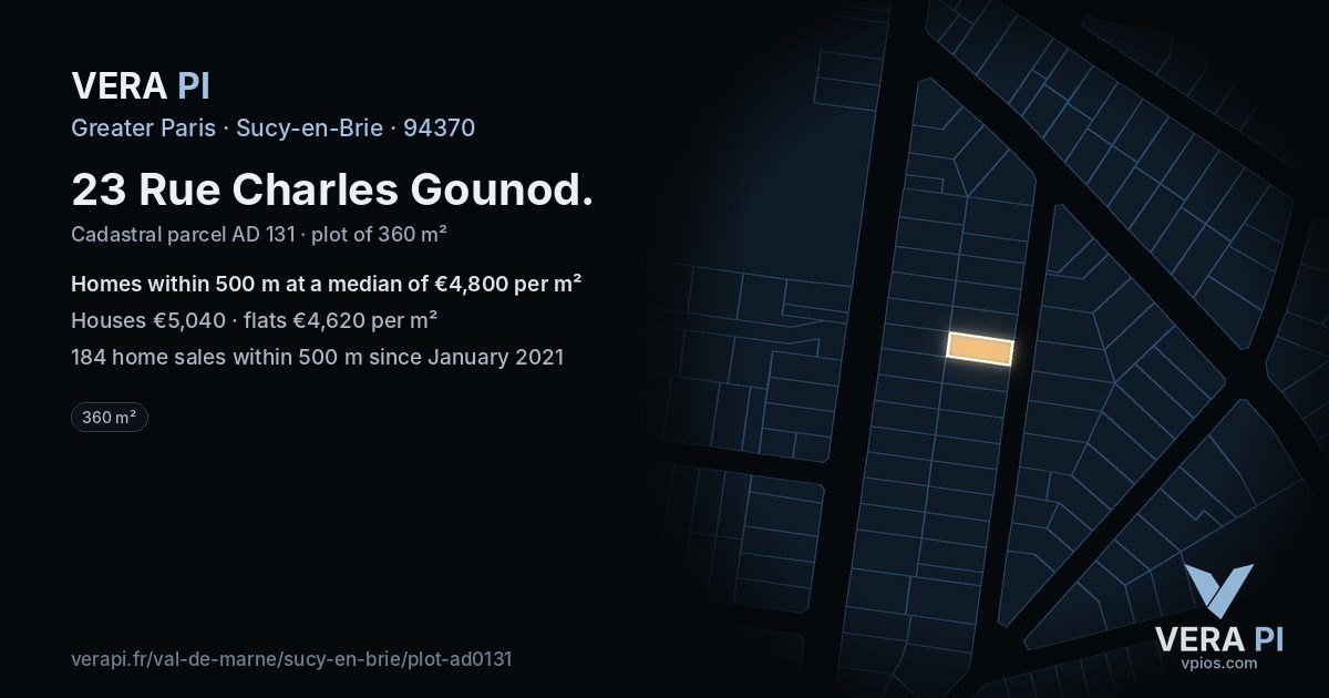 23 Rue Charles Gounod, Sucy-en-Brie at night – the plot lit, the parcels around coloured by the prices near them