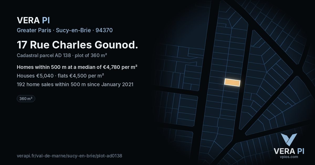 17 Rue Charles Gounod, Sucy-en-Brie at night – the plot lit, the parcels around coloured by the prices near them
