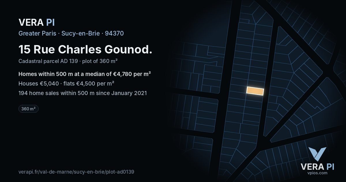 15 Rue Charles Gounod, Sucy-en-Brie at night – the plot lit, the parcels around coloured by the prices near them