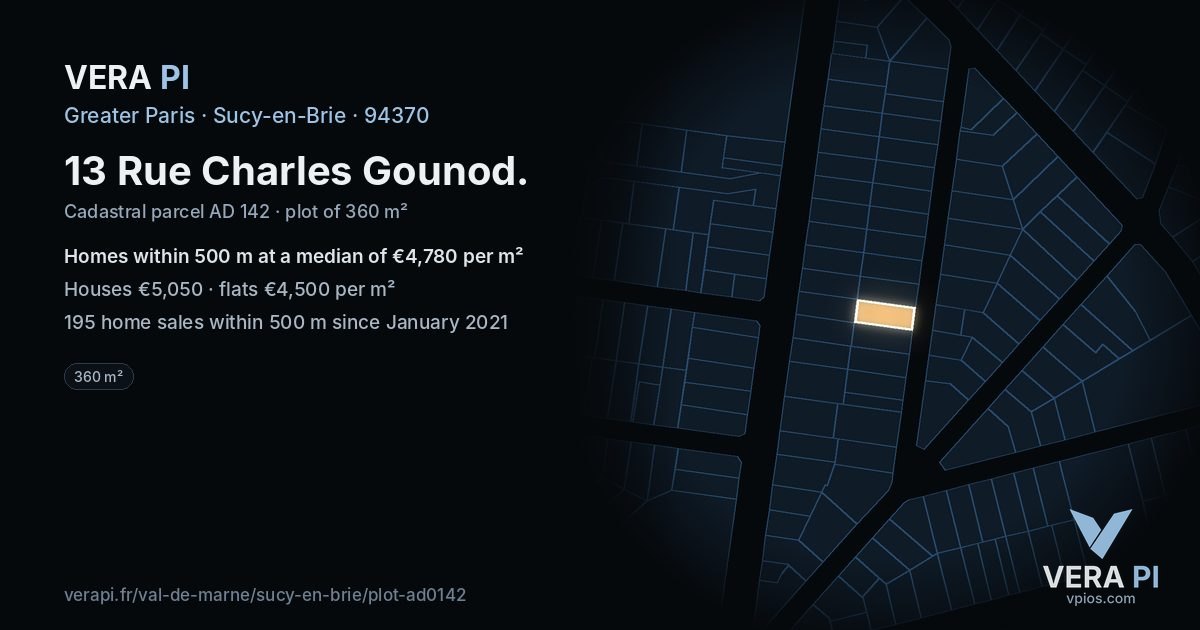 13 Rue Charles Gounod, Sucy-en-Brie at night – the plot lit, the parcels around coloured by the prices near them