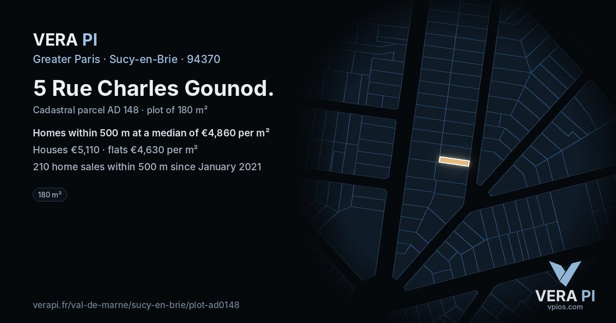 5 Rue Charles Gounod, Sucy-en-Brie at night – the plot lit, the parcels around coloured by the prices near them