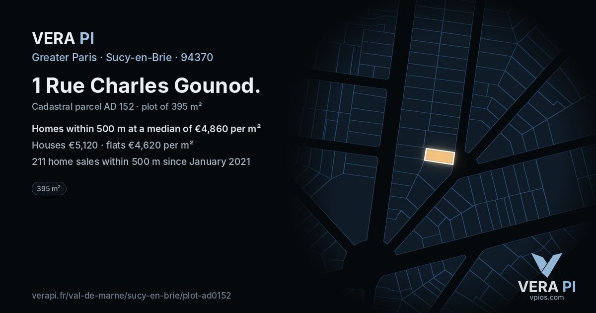 1 Rue Charles Gounod, Sucy-en-Brie at night – the plot lit, the parcels around coloured by the prices near them