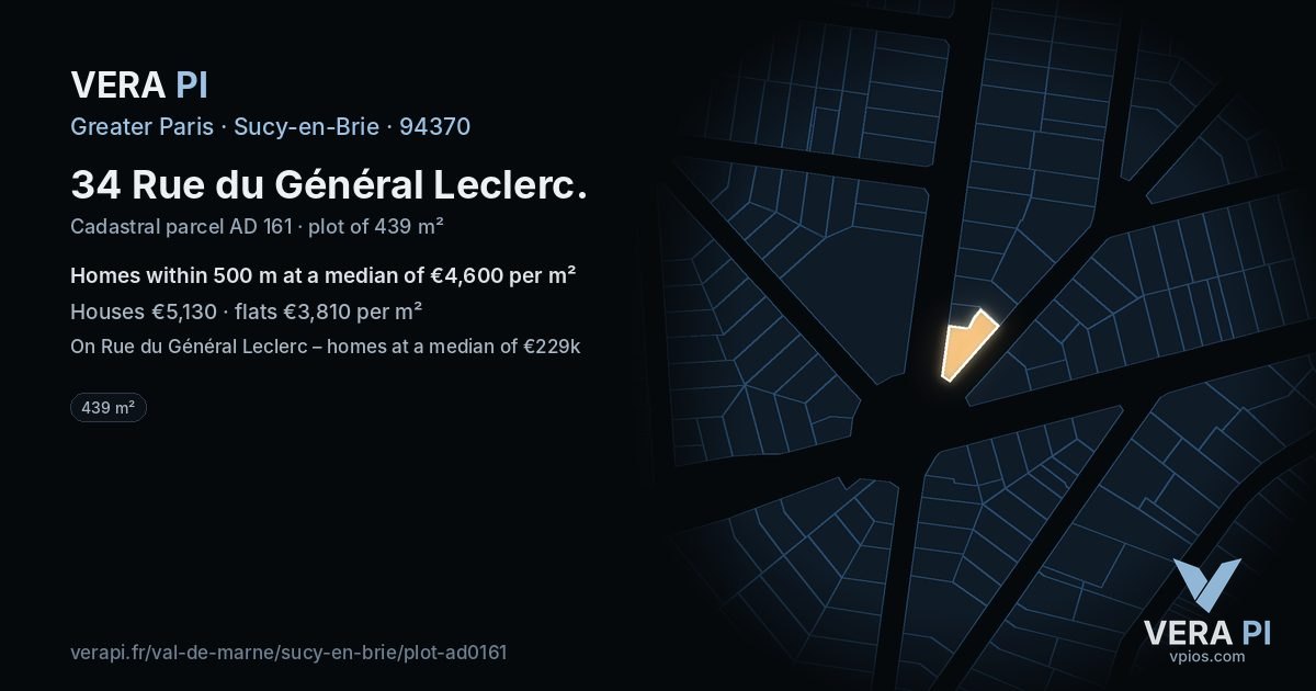 34 Rue du Général Leclerc, Sucy-en-Brie at night – the plot lit, the parcels around coloured by the prices near them