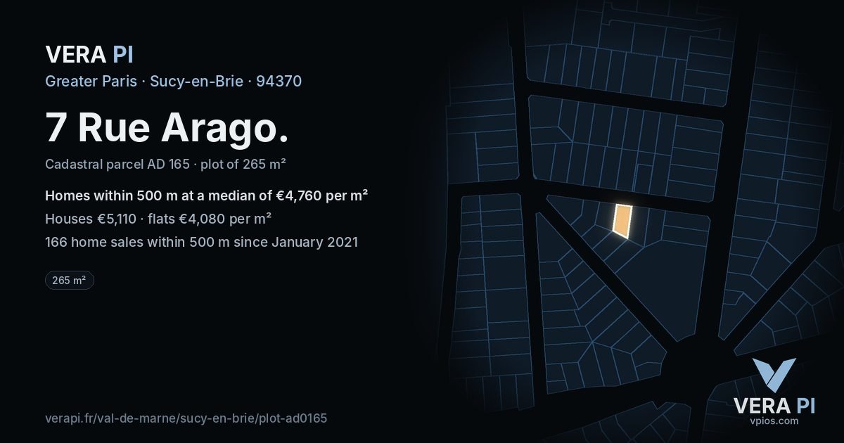 7 Rue Arago, Sucy-en-Brie at night – the plot lit, the parcels around coloured by the prices near them