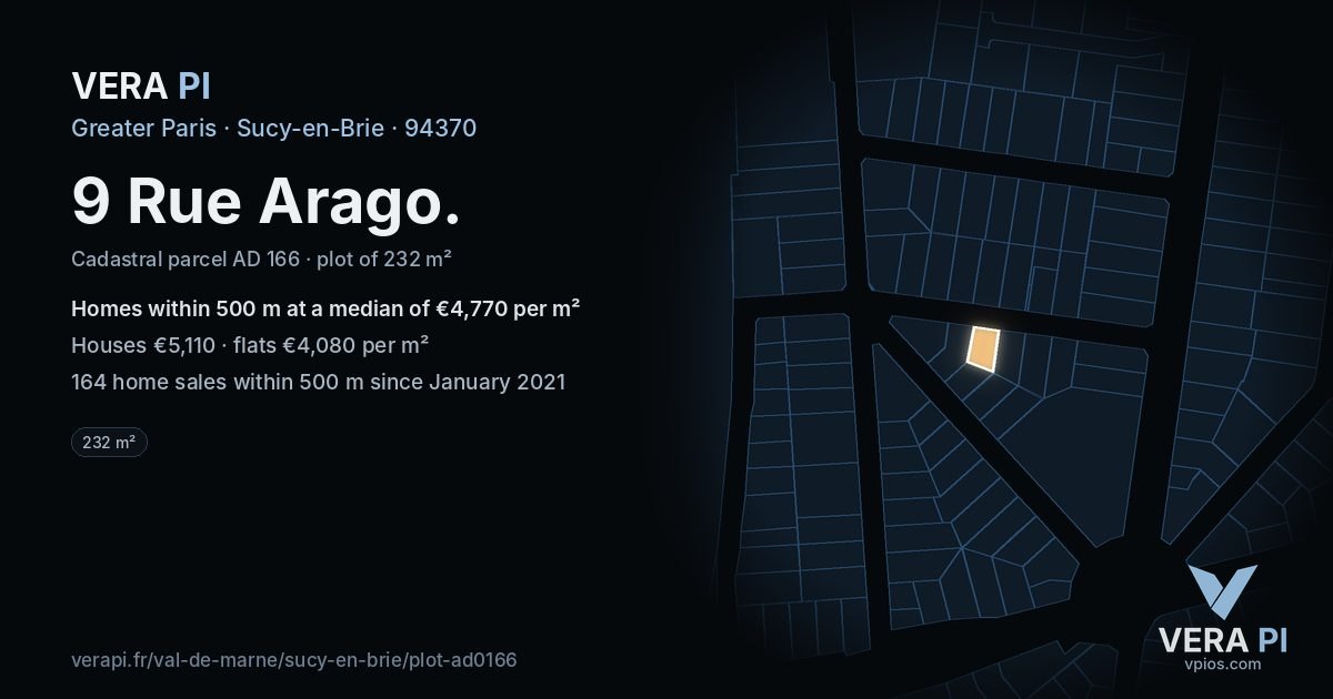 9 Rue Arago, Sucy-en-Brie at night – the plot lit, the parcels around coloured by the prices near them