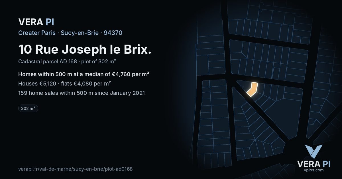10 Rue Joseph le Brix, Sucy-en-Brie at night – the plot lit, the parcels around coloured by the prices near them