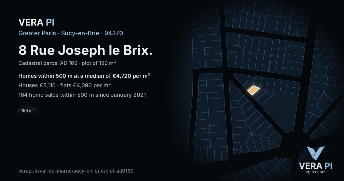 8 Rue Joseph le Brix, Sucy-en-Brie at night – the plot lit, the parcels around coloured by the prices near them