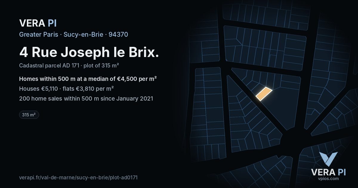 4 Rue Joseph le Brix, Sucy-en-Brie at night – the plot lit, the parcels around coloured by the prices near them