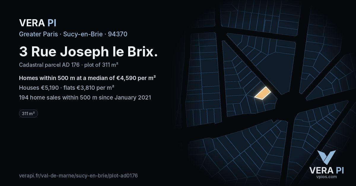 3 Rue Joseph le Brix, Sucy-en-Brie at night – the plot lit, the parcels around coloured by the prices near them