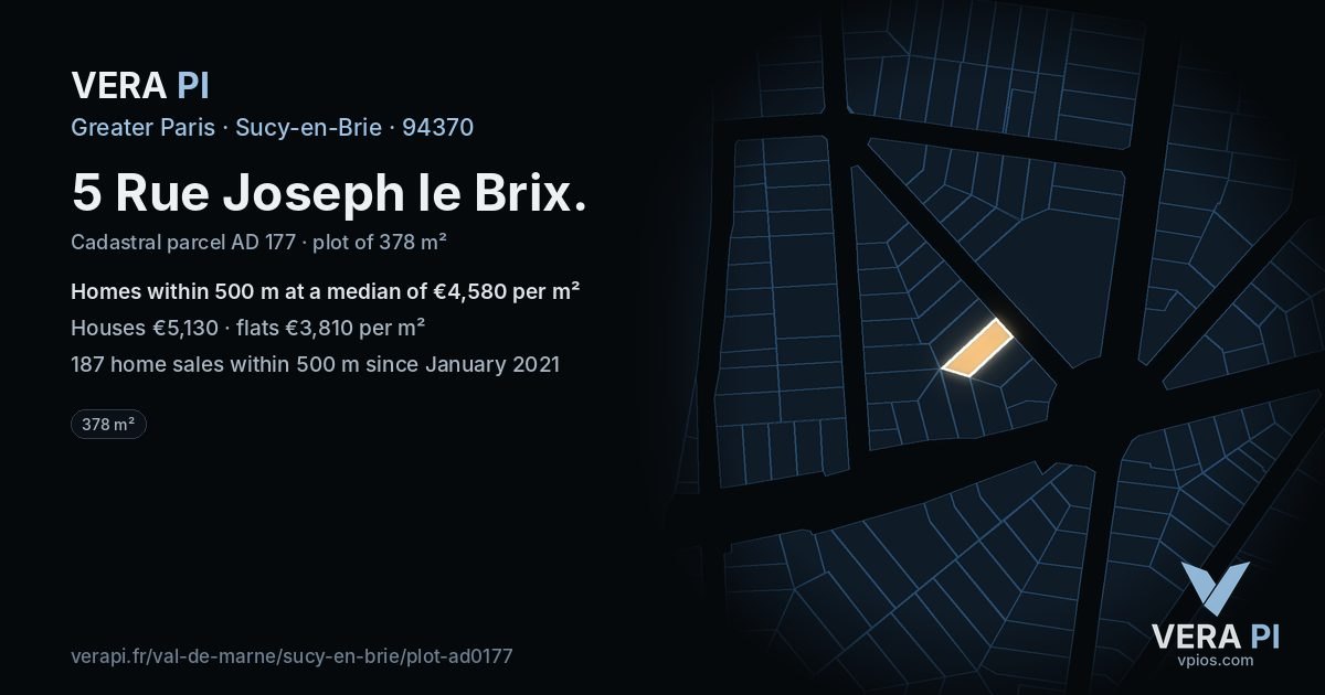 5 Rue Joseph le Brix, Sucy-en-Brie at night – the plot lit, the parcels around coloured by the prices near them