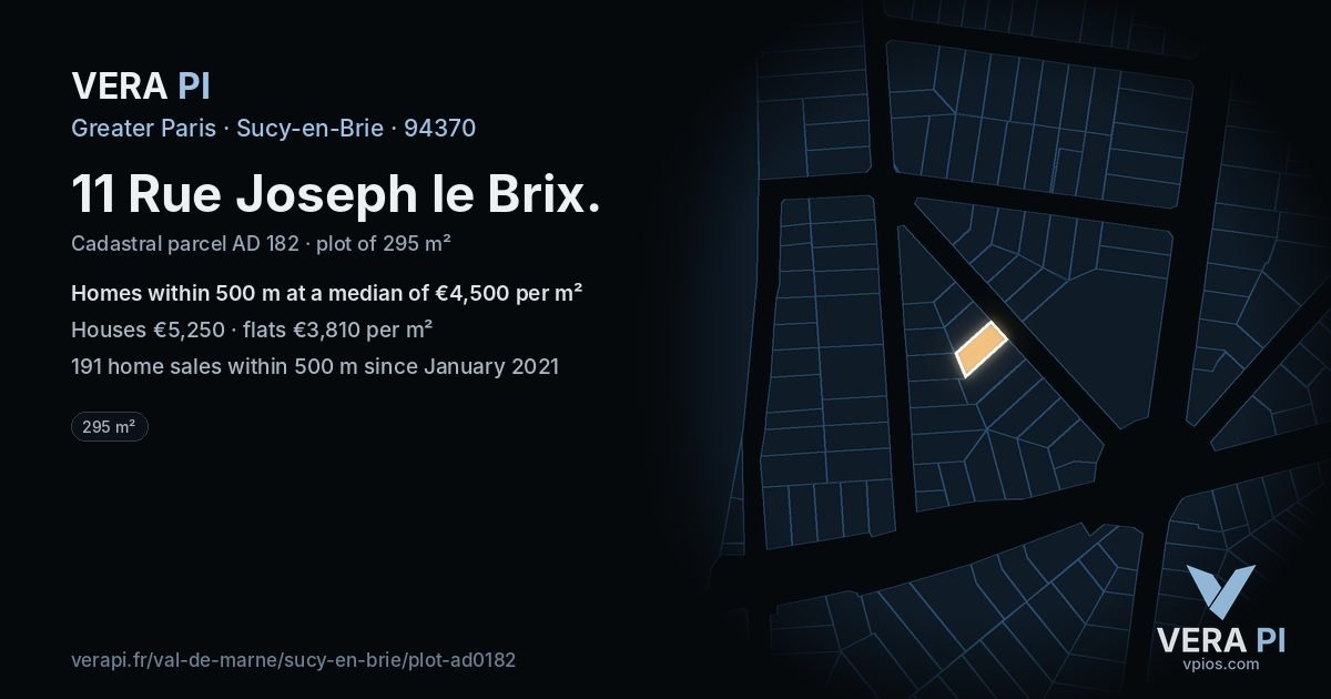 11 Rue Joseph le Brix, Sucy-en-Brie at night – the plot lit, the parcels around coloured by the prices near them