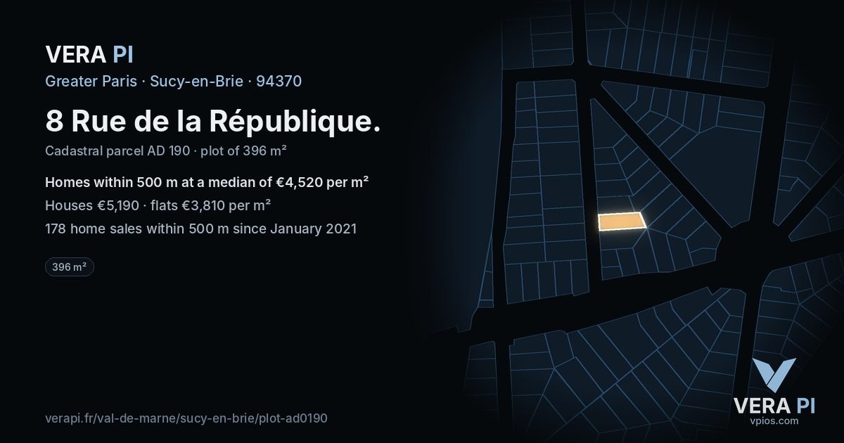 8 Rue de la République, Sucy-en-Brie at night – the plot lit, the parcels around coloured by the prices near them