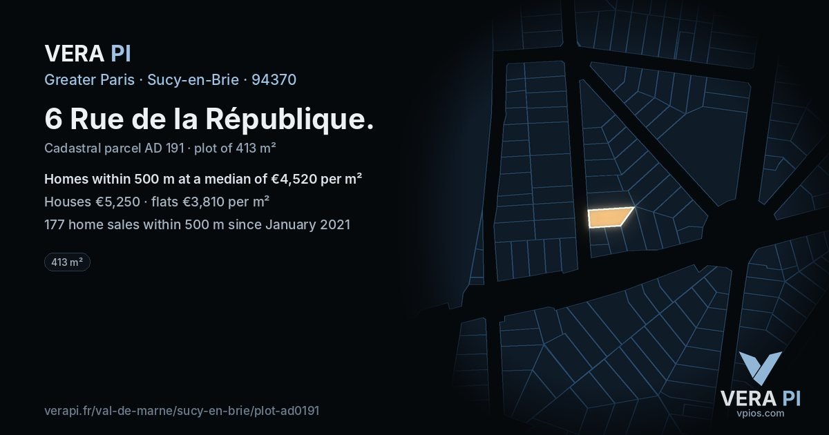 6 Rue de la République, Sucy-en-Brie at night – the plot lit, the parcels around coloured by the prices near them