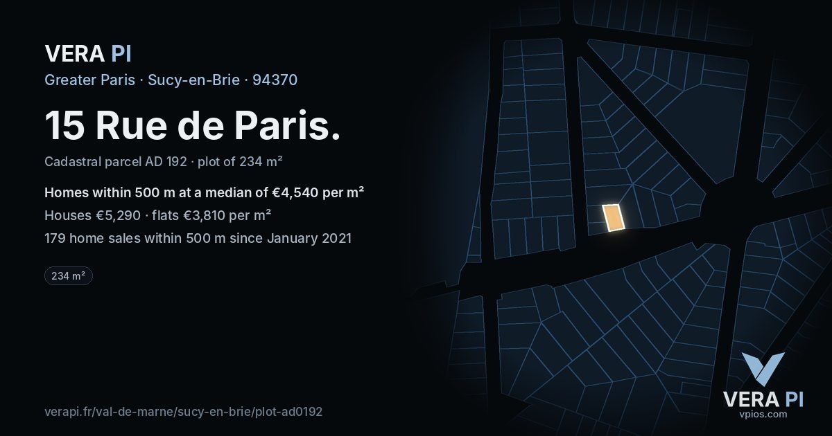 15 Rue de Paris, Sucy-en-Brie at night – the plot lit, the parcels around coloured by the prices near them