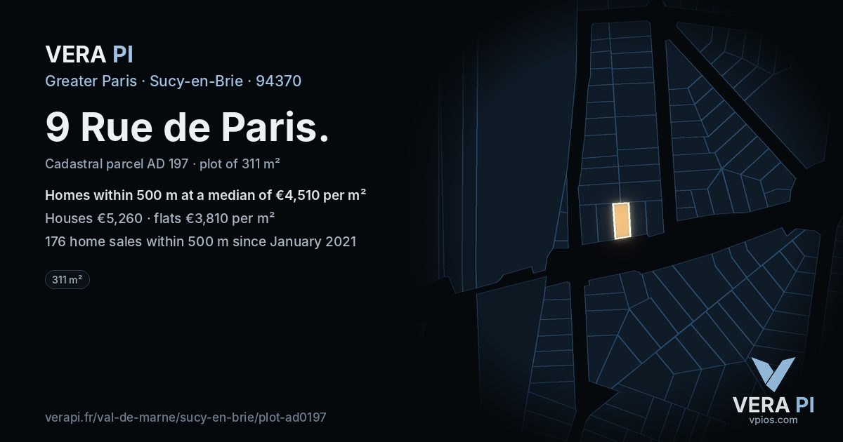 9 Rue de Paris, Sucy-en-Brie at night – the plot lit, the parcels around coloured by the prices near them